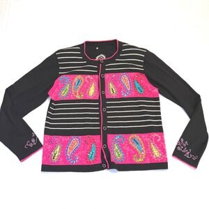 Vintage  Black Pink Paisley Embroidered Cardigan Sweater Button Long Sleeve Sz L